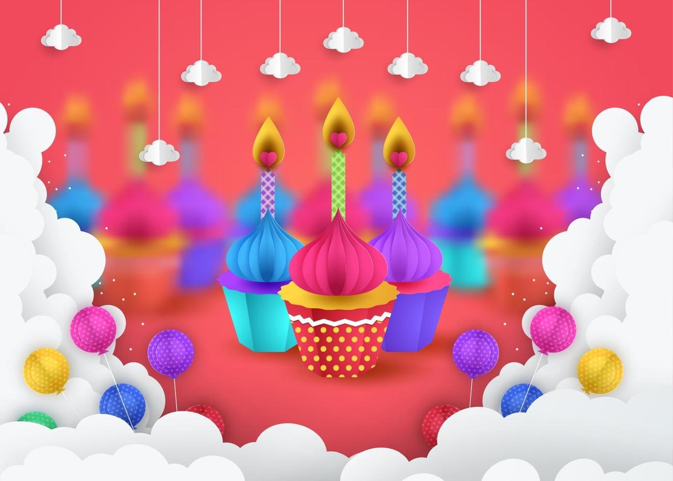 Paper art of cupcakes, Happy birthday celebration art and illustration. vector