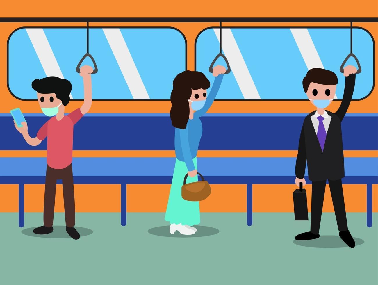 Social distancing in public transport. People in the subway, male and female characters with protective masks on faces. Humans sitting and standing, Covid-19 pandemic. vector