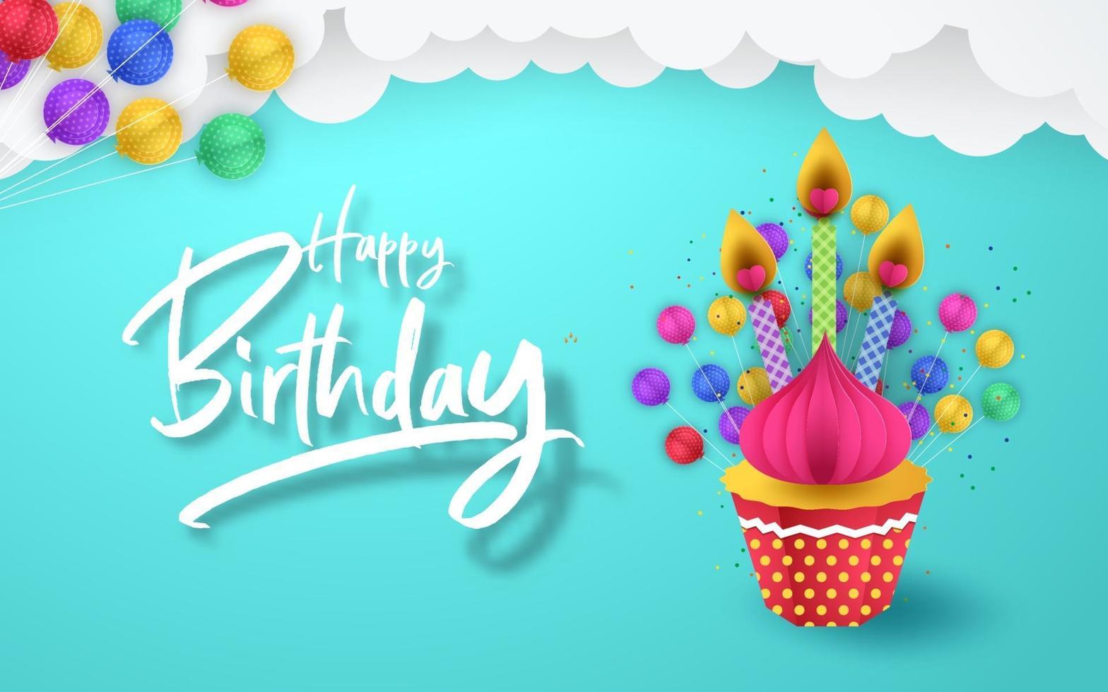 arte de papel de globos y magdalenas, arte e ilustración de celebración de feliz cumpleaños. vector