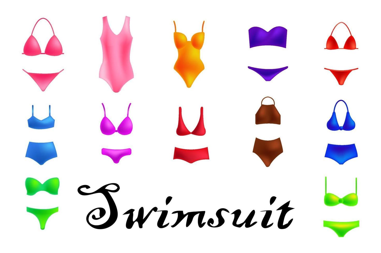 Set of fashionable swimsuits. Various types of girls beach clothes. Modern and retro models vector