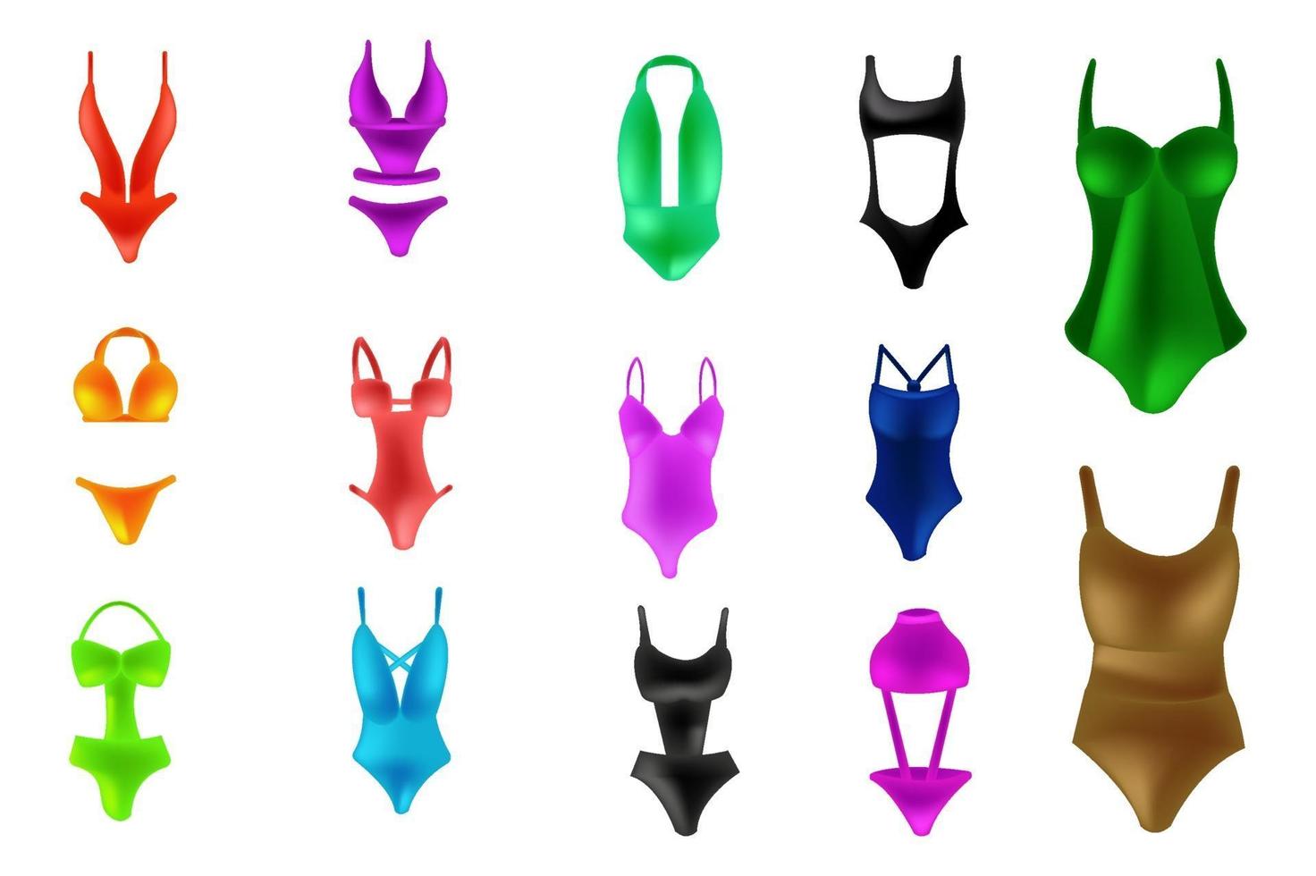 Set of fashionable swimsuits. Various types of girls beach clothes. Modern and retro models vector