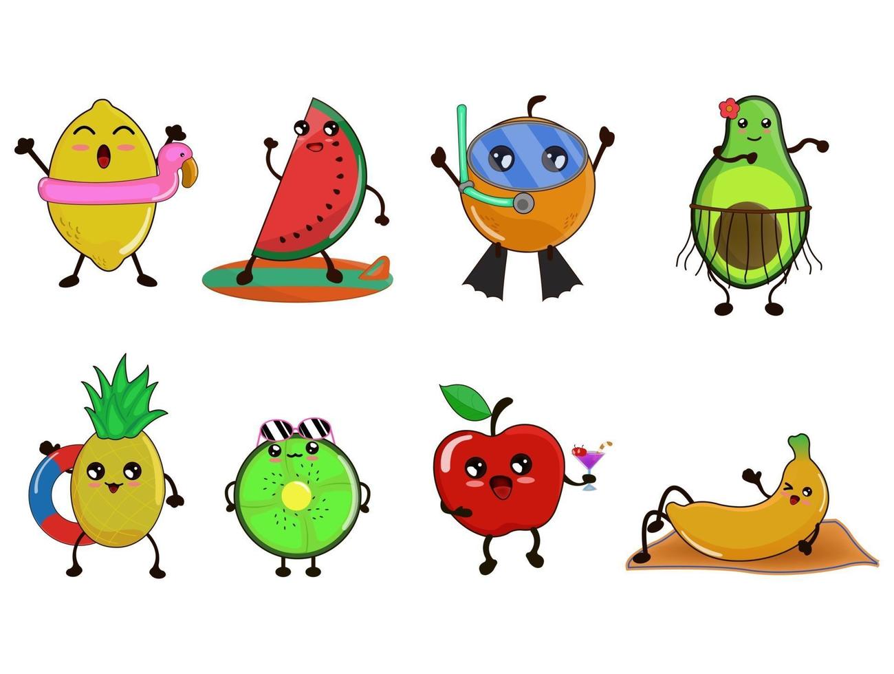 personajes de dibujos animados lindos de frutas para el verano. vector