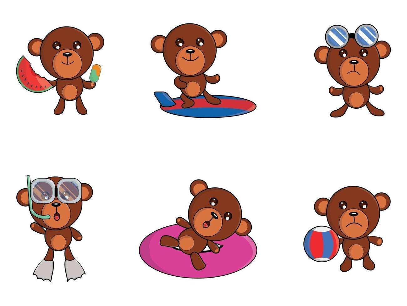 Teddy bear cute cartoon in summer doing various activities like surfing, diving, swimming, eating watermelon and more vector