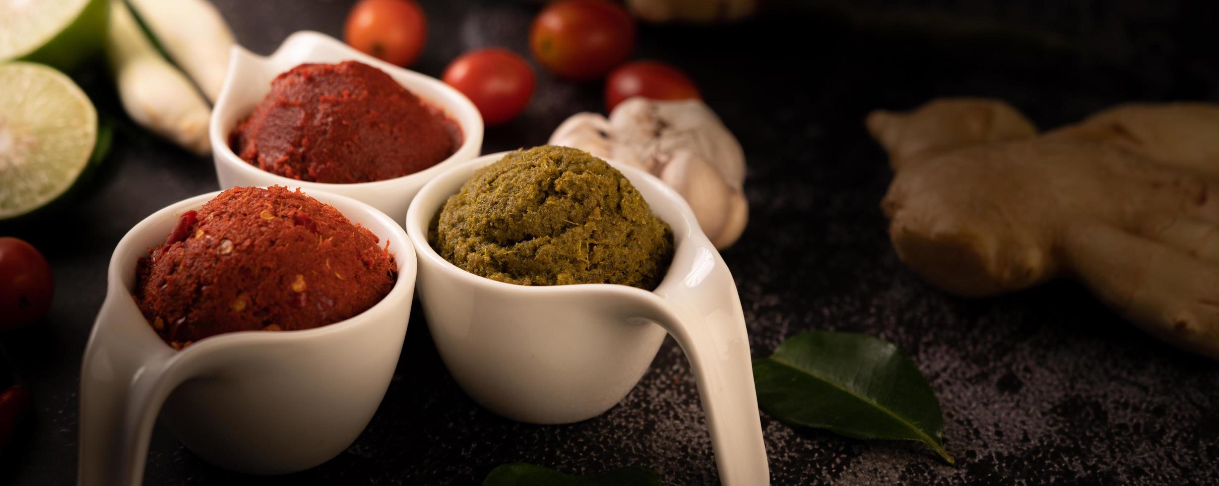 Green and red curry paste made from chili photo