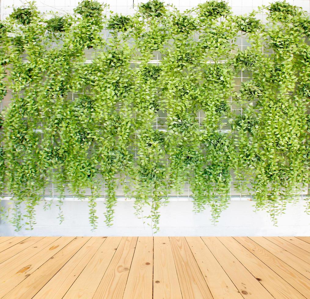 Vertical green wall with wooden table photo