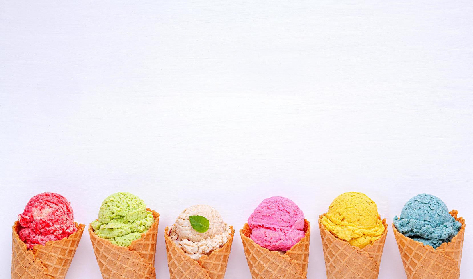 Various of ice cream flavor in cones photo