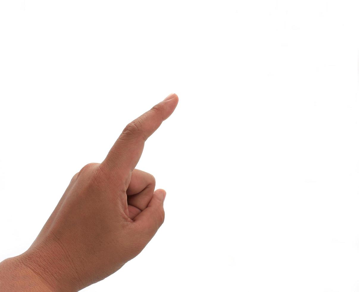 señalar con el dedo sobre fondo blanco foto