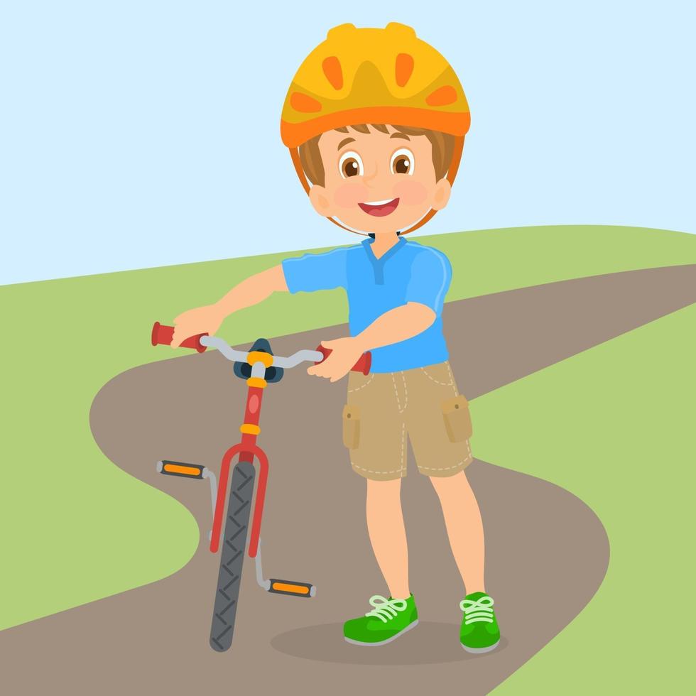 niño posando con su bicicleta vector