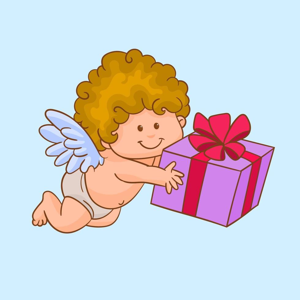 Cupido o ángel de amor con un regalo. vector