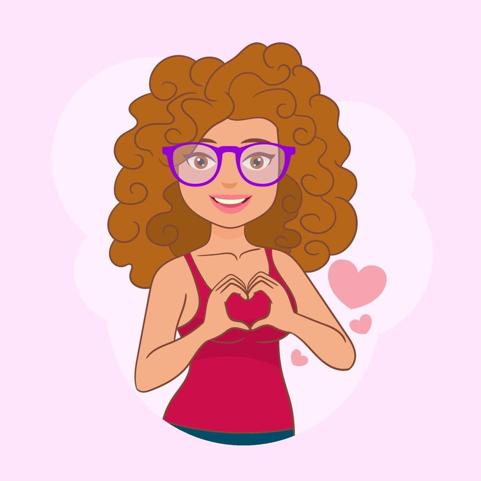 mujer haciendo un gesto de corazón con sus dedos vector