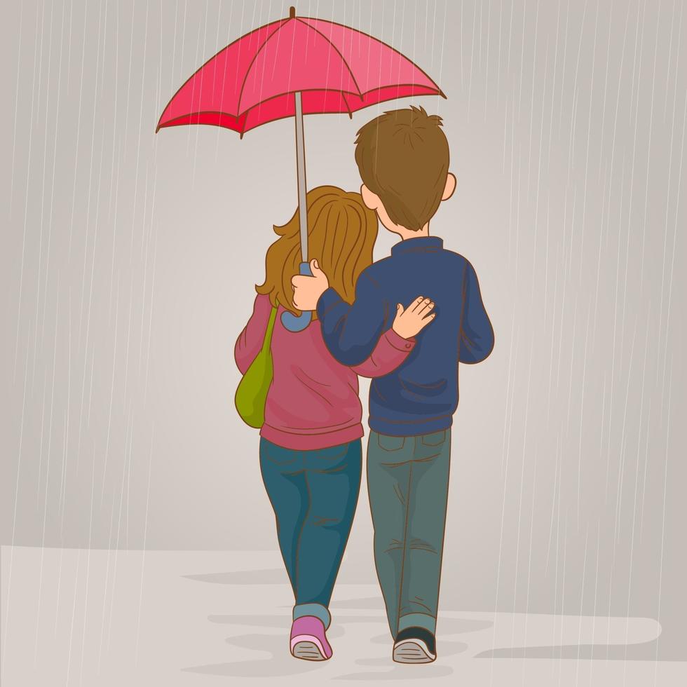 pareja con paraguas bajo la lluvia vector