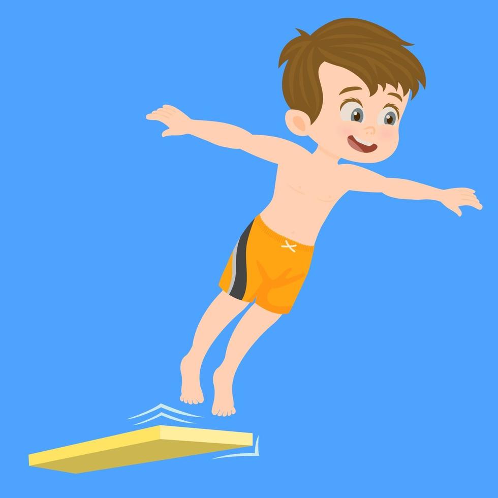 niño saltando de un trampolín a la piscina vector