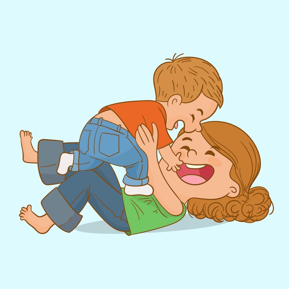 Mother playing with her baby in the bedroom vector