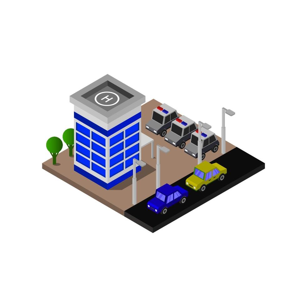 Isometric Police Station On White Background. vector