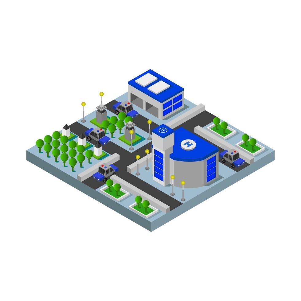 Isometric Police Station On White Background. vector