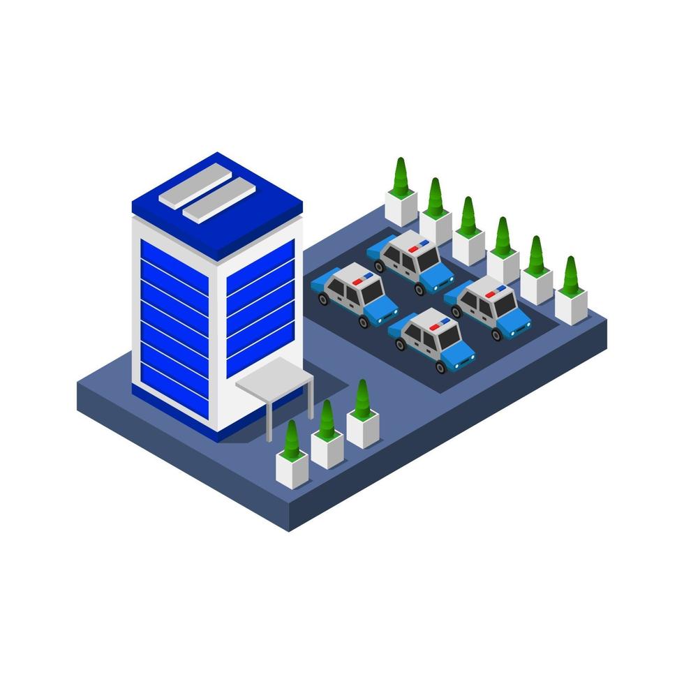 Isometric Police Station On White Background. vector