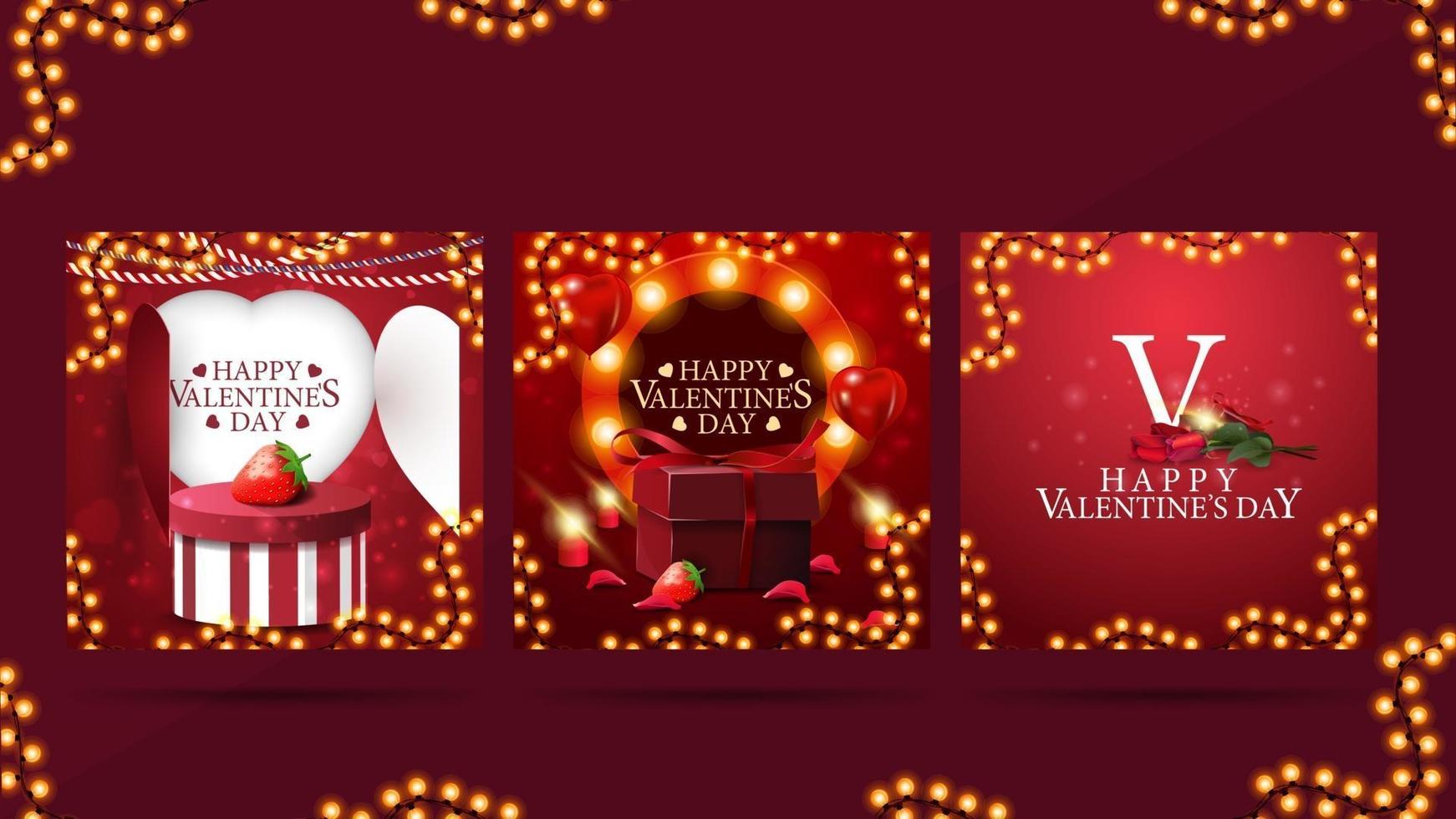 Set of Valentine's greeting cards with Valentine's elements, bright warm template frame and presents vector