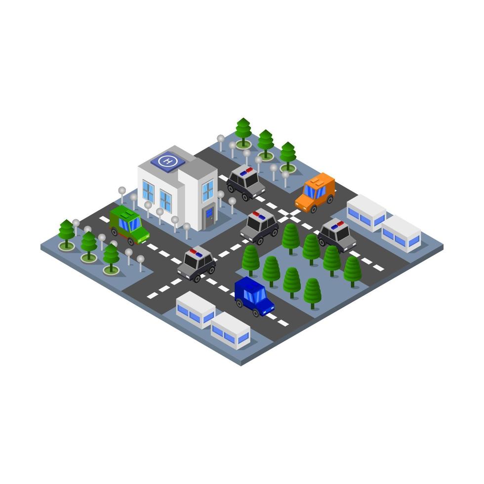 Isometric Police Station On White Background. vector