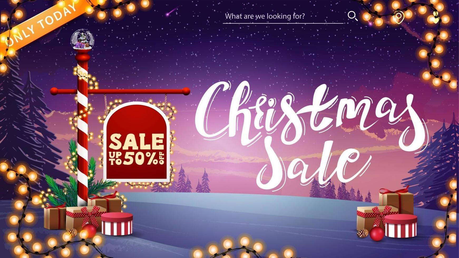 Christmas sale, up to 50 off, discount banner with North Pole sign with offer decorated with presents and garland, large lettering, garland frame and winter landscape on background vector