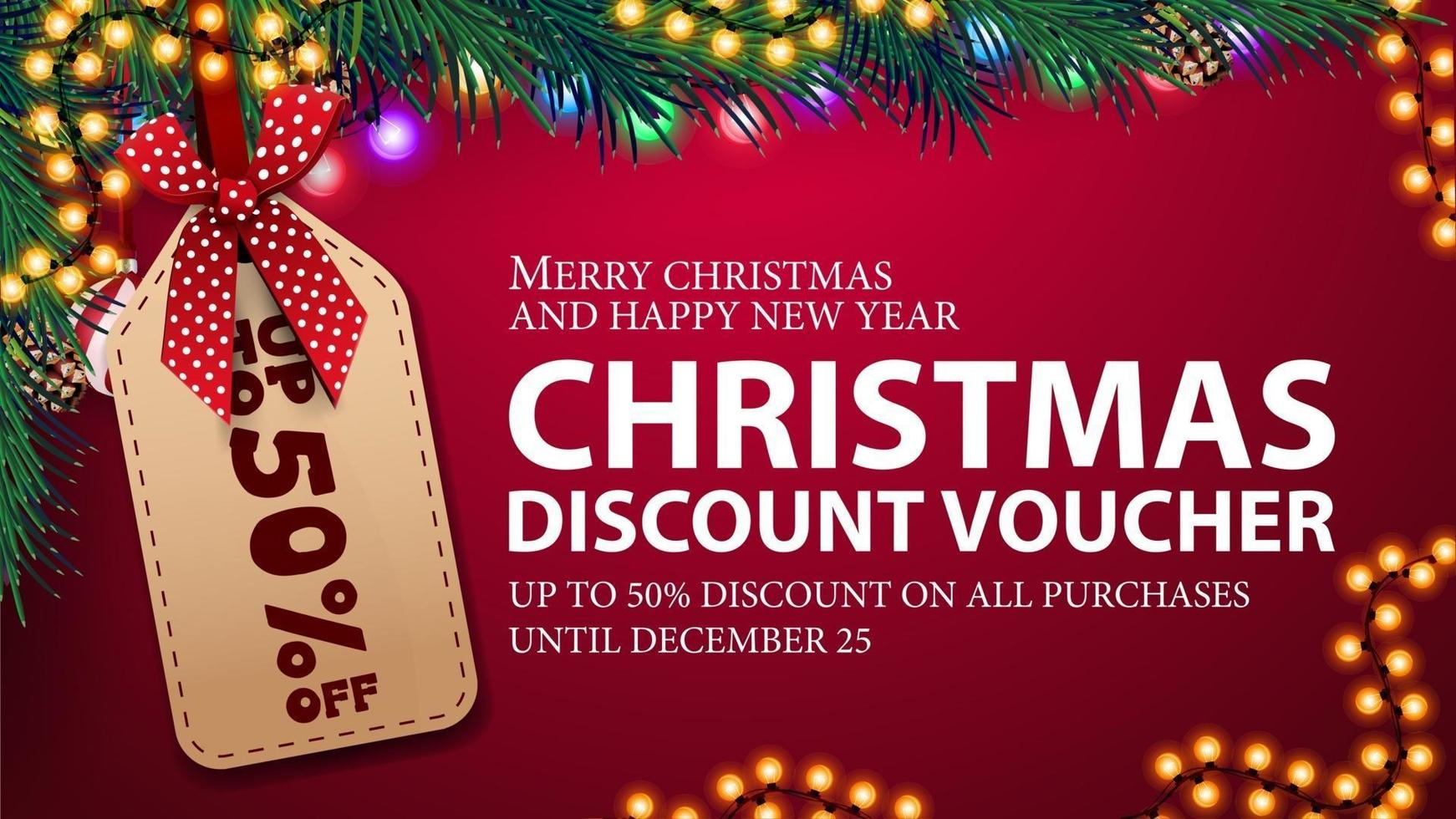 Pink Christmas discount voucher, up to 50 off on all purchases. Christmas voucher with large price tag, Christmas tree branches and garland frame vector