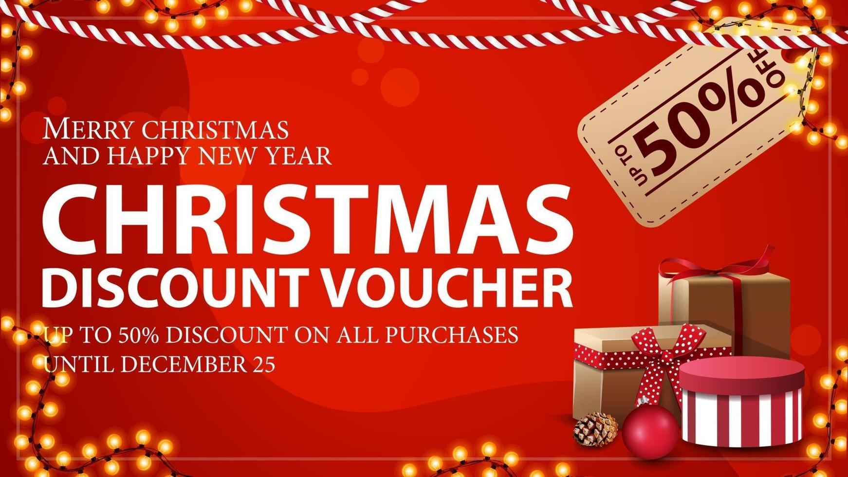 Christmas voucher with large price tag, Christmas tree branches and garland frame. Discount voucher, up to 50 off on all purchases. vector