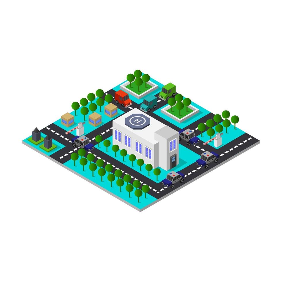 Isometric Police Station On White Background. vector