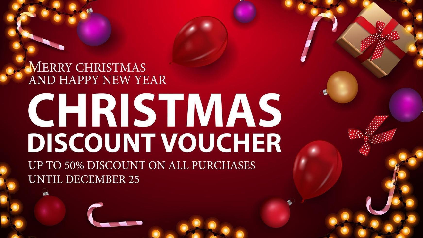 Red Christmas voucher for your business with present, candy canes, Christmas balls, balloons and garland, top view vector
