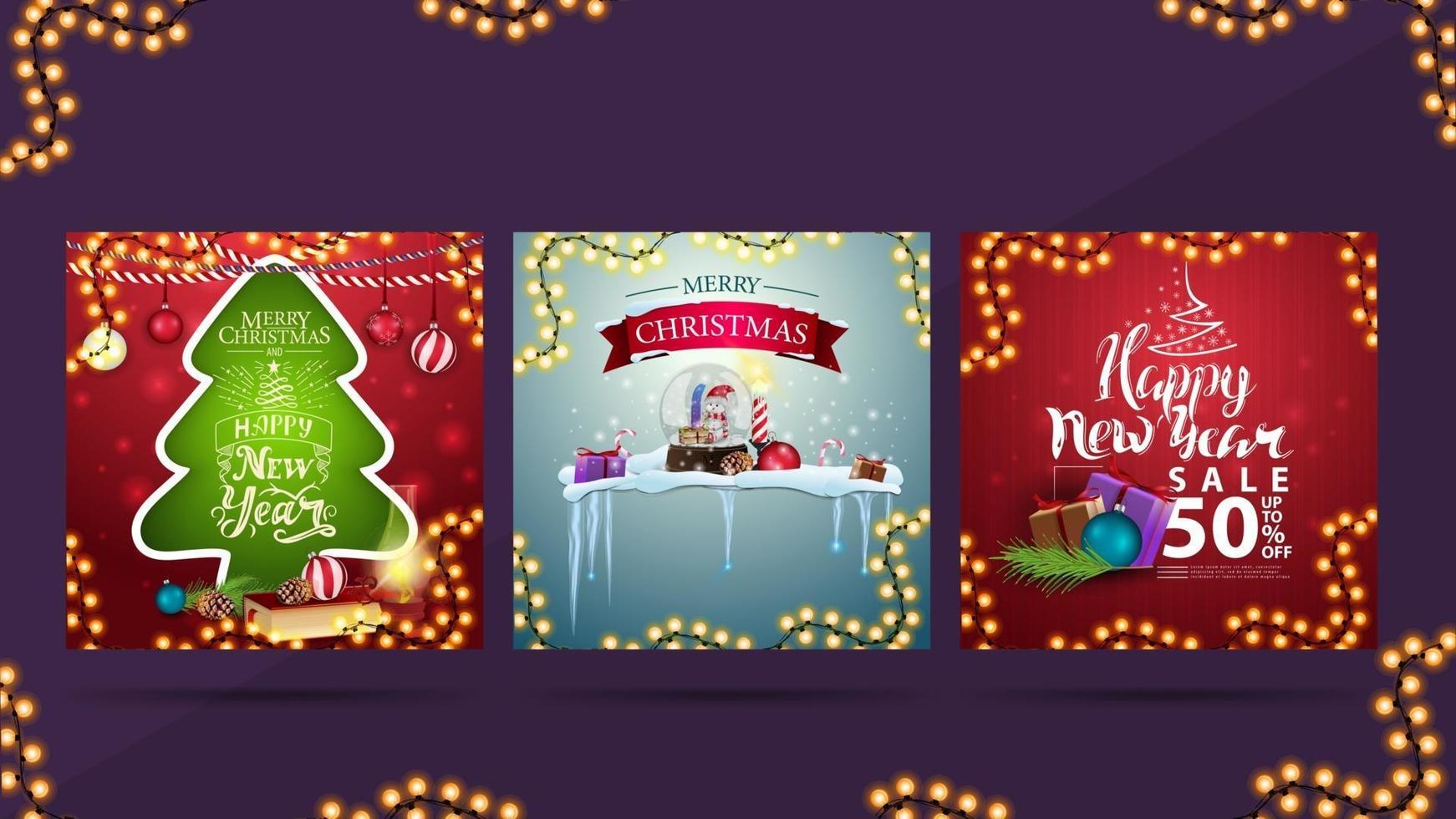 conjunto de tarjetas de felicitación navideñas y banner de descuento para celebraciones de año nuevo. vector