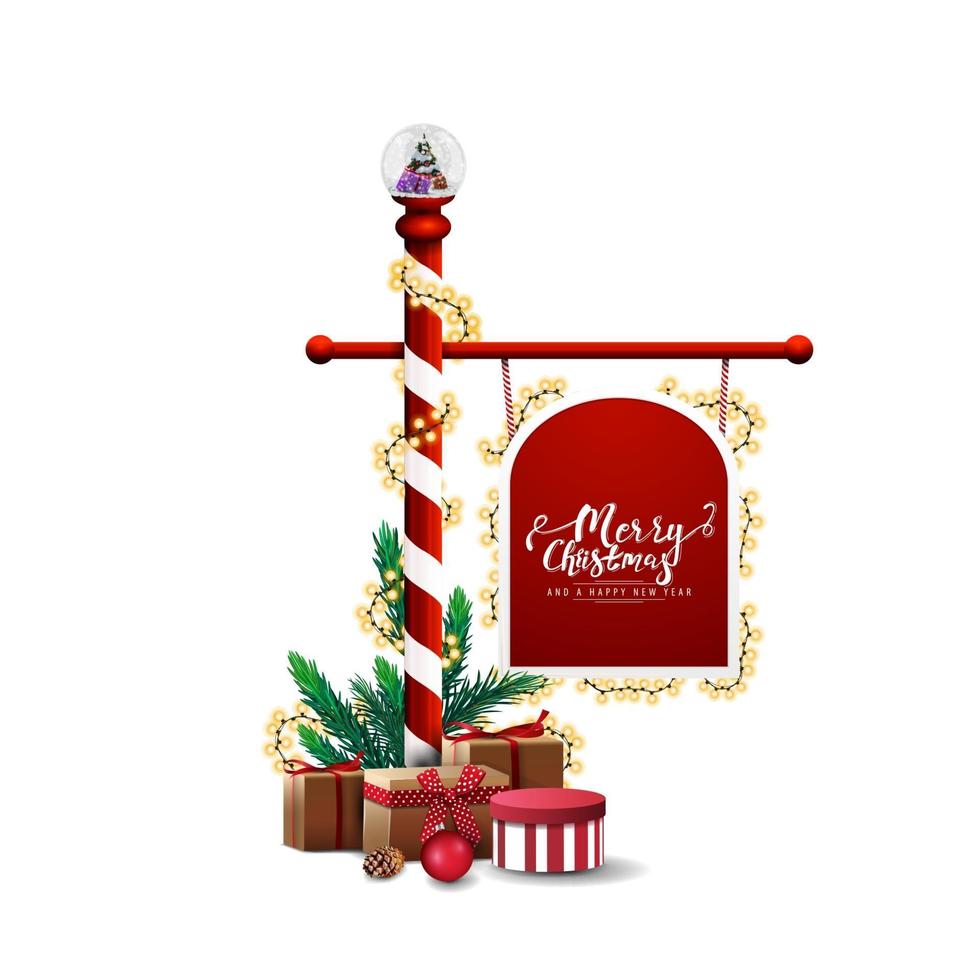 North Pole candy cane arrow sign decorated with garland and presents isolated on white background. vector