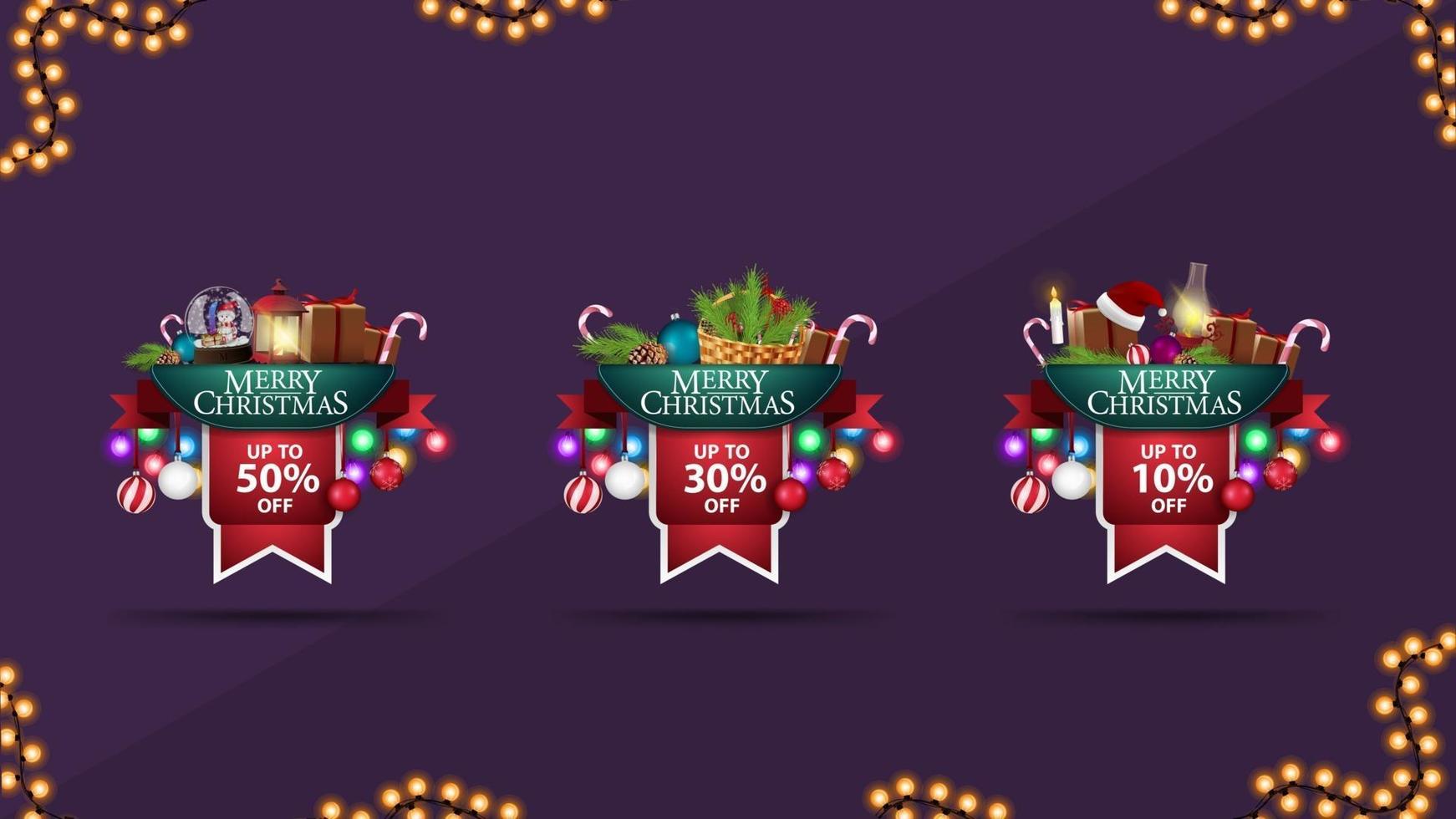 Collection of Christmas 3D volumetric stickers in form of ribbons decorated with presents, garlands and Christmas elements. vector