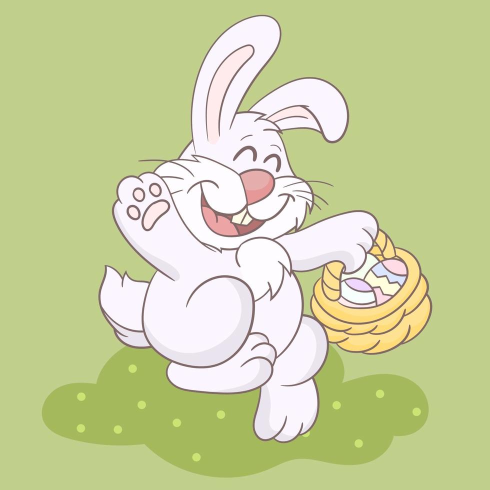 Little bunny with decorated eggs in basket vector