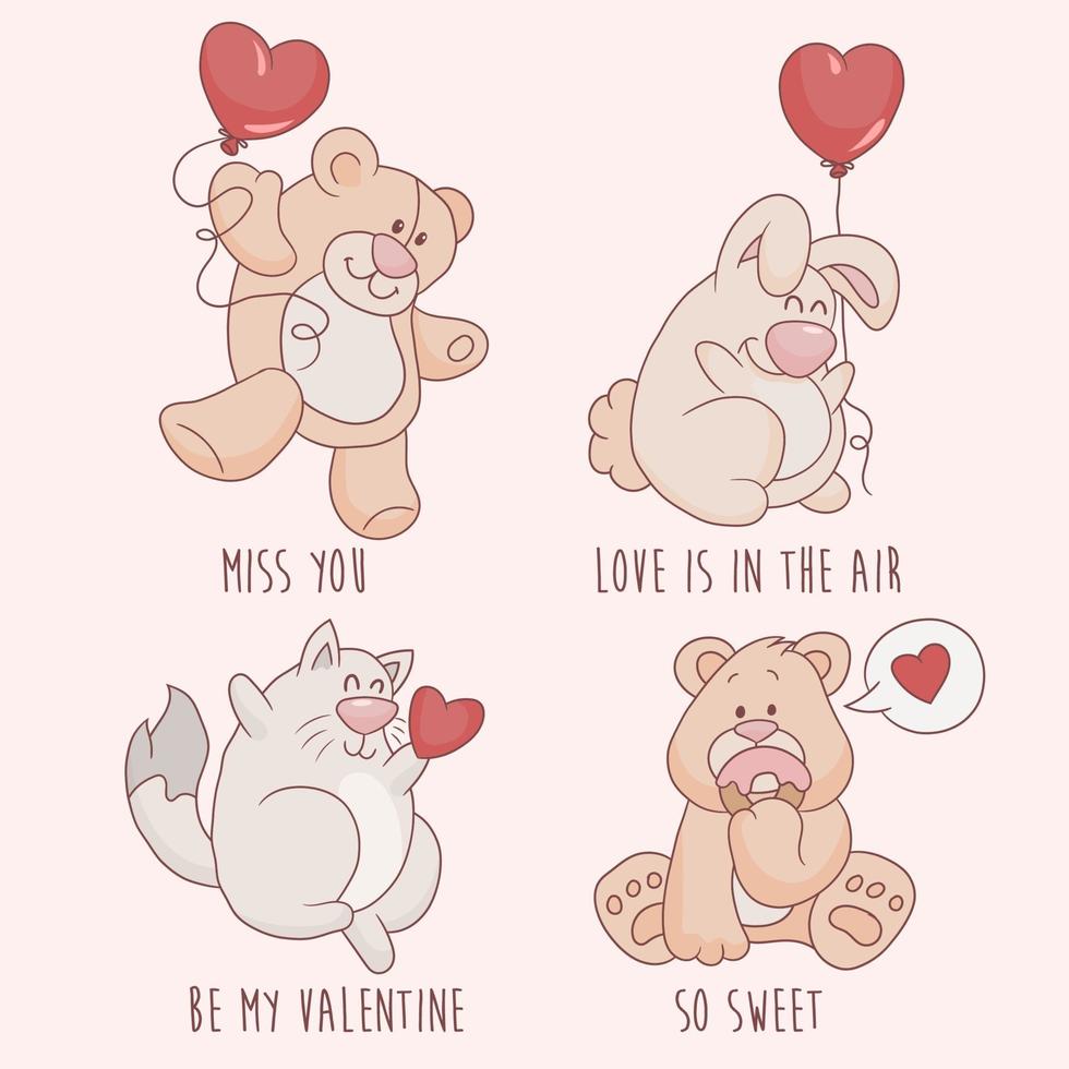 A set of funny animals with hearts vector