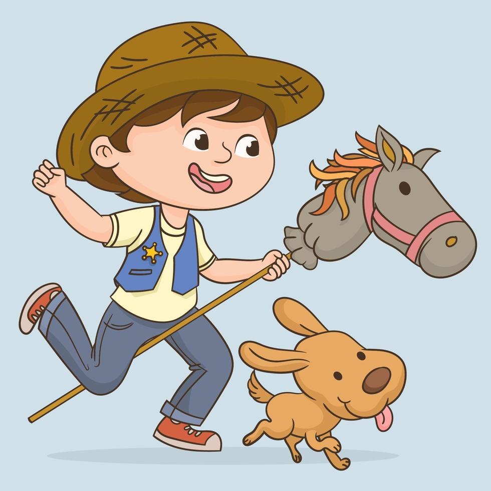 Boy riding a horse stick toy vector