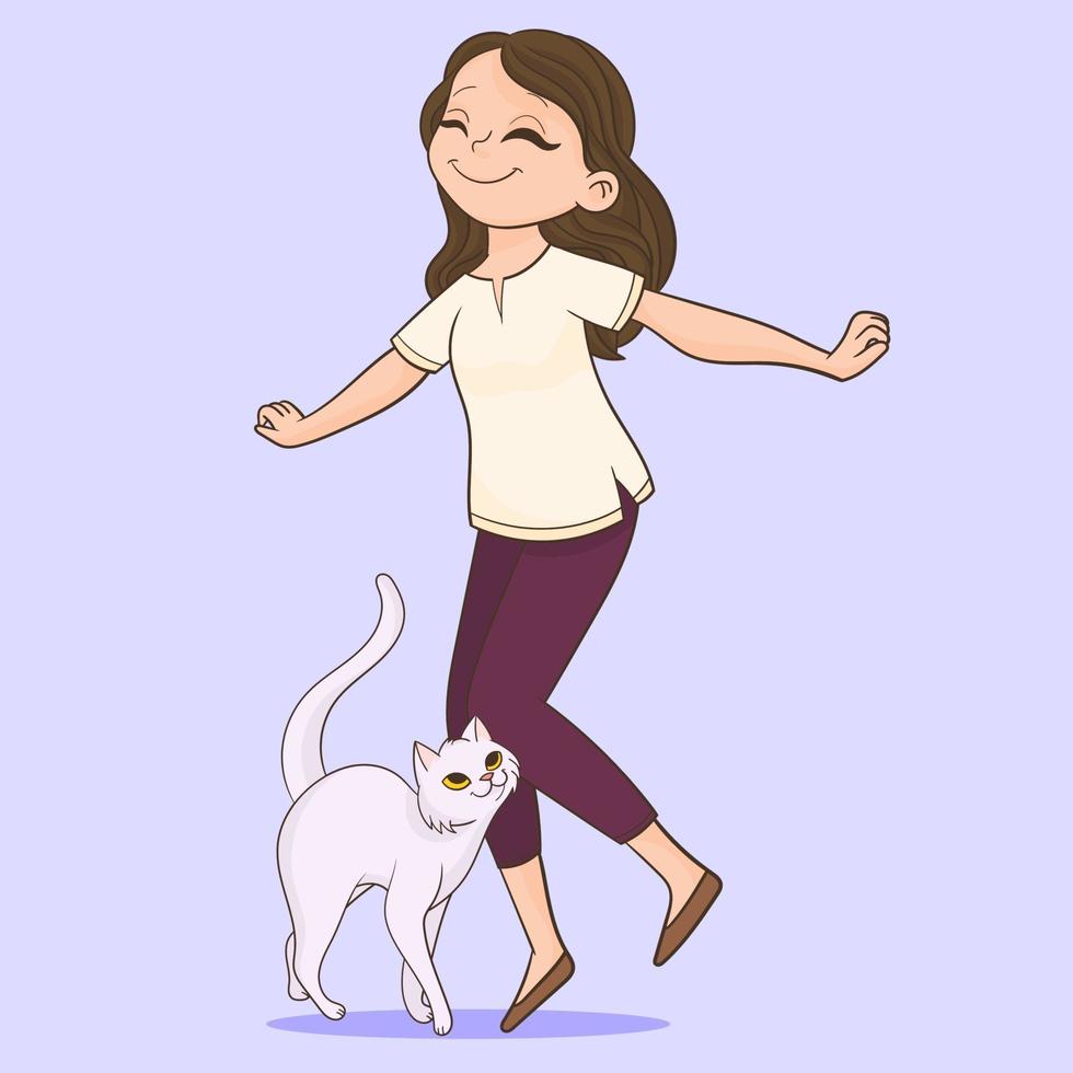 Girl Walking With Her Cat vector