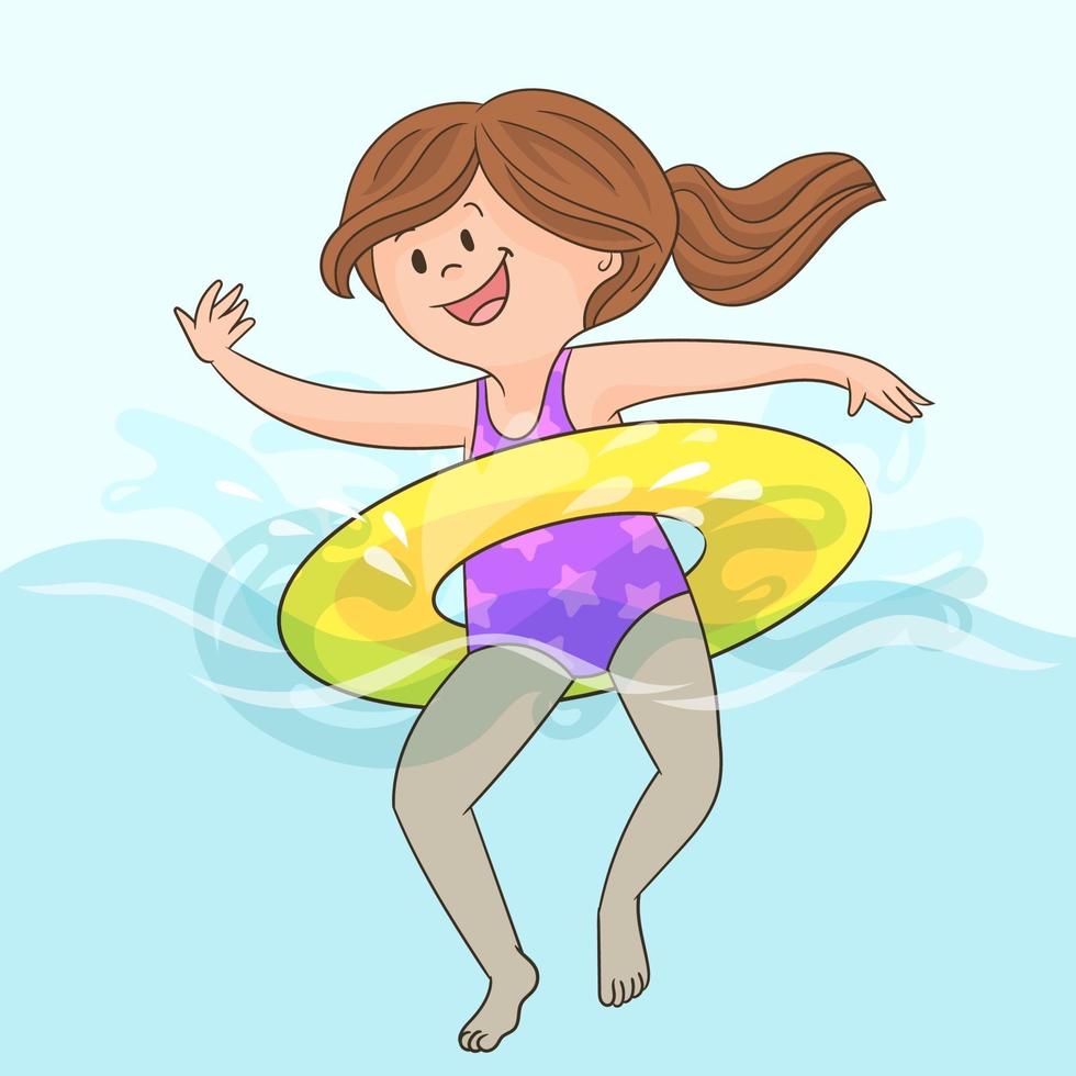 Child in swimming pool on inflatable yellow lemon ring vector