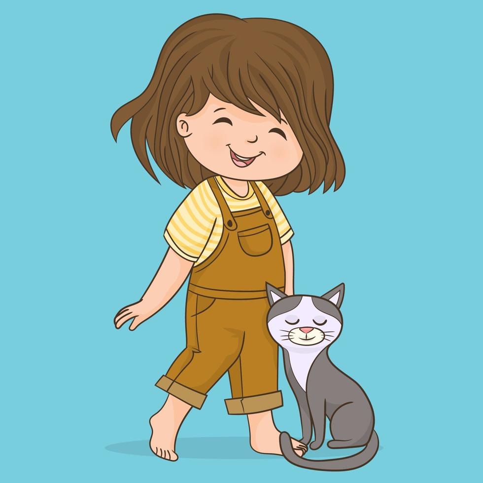 feliz linda niña de cinco años con su gato vector