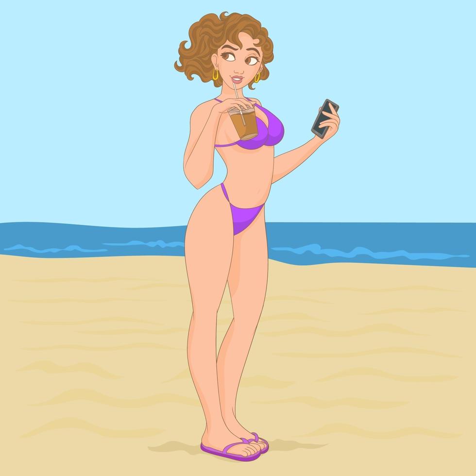 chica con celular caminando por la playa vector