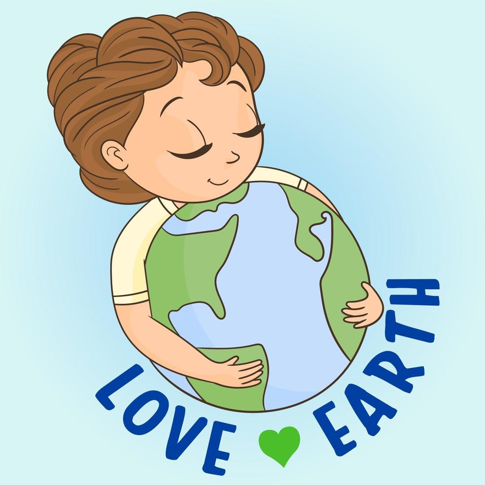 Girl hugging earth planet globe vector