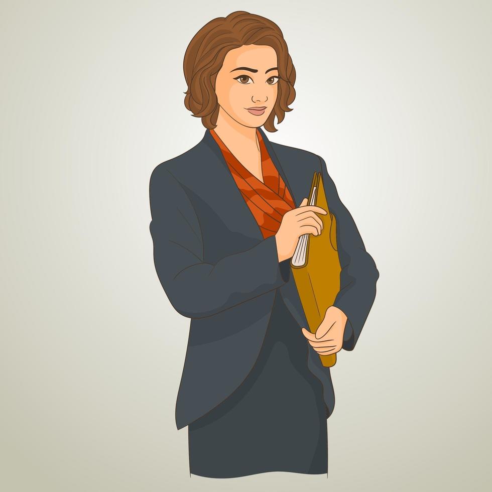 Graduate juridical specialist standing outdoors against courthouse building with folder in hands vector