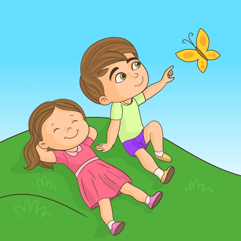 Toddlers are lying on the grass playing and having fun vector