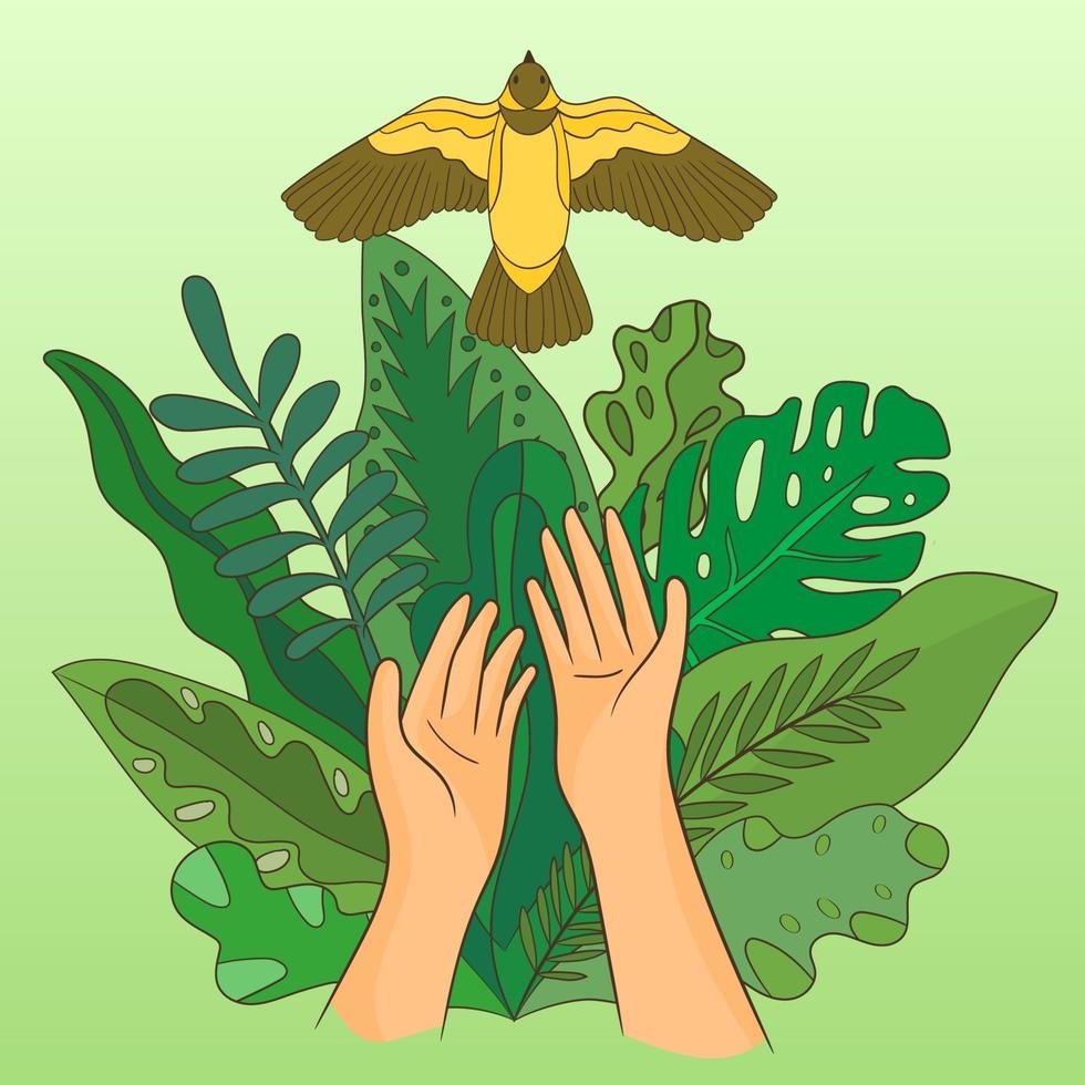 Hand releasing bird and flying to freedom life vector