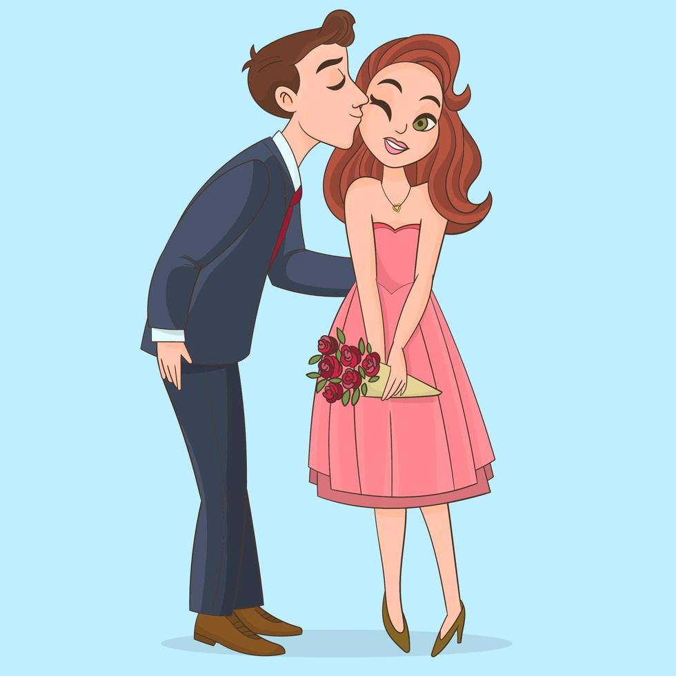 hombre cuidadoso besando a su novia sonriente vector