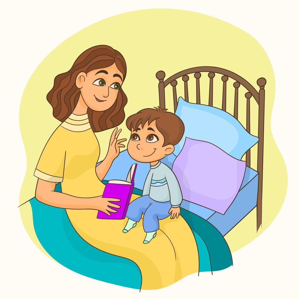 madre sentada en la cama leyendo un libro con su hijo de rodillas vector