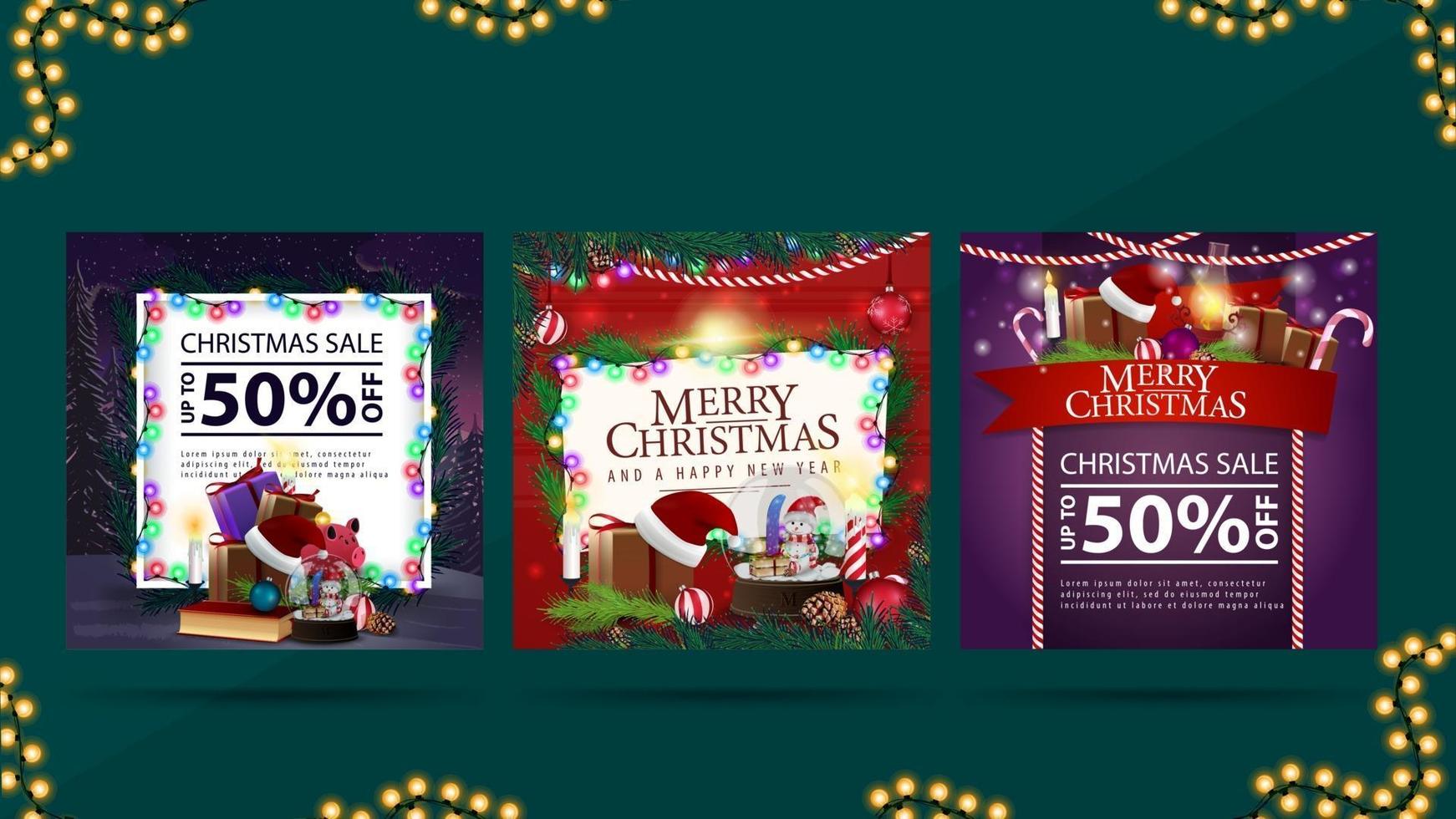 Collection of Christmas web elements. Christmas discount banner and Christmas greeting card with piles of presents vector