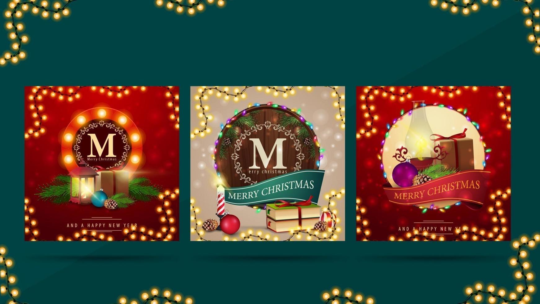 postales navideñas cuadradas con símbolos de saludo redondos decorados con elementos navideños y regalos vector