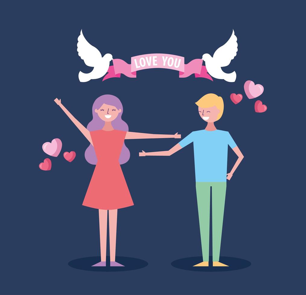 valentines day celebration with lovers and doves vector