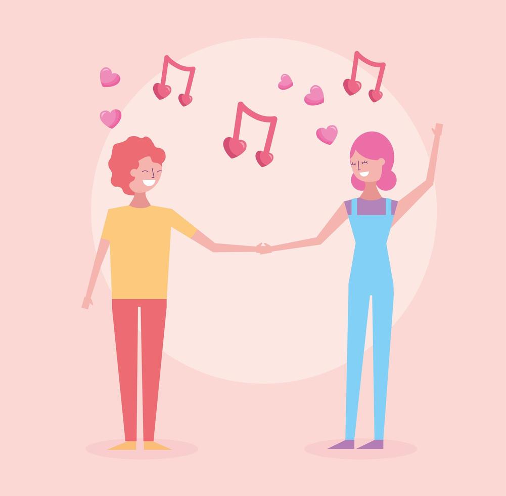 celebración del día de san valentín con amantes de la pareja y notas musicales vector