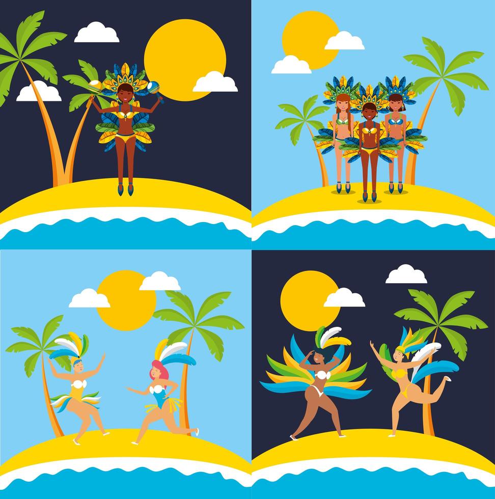 Brazilian girls in Carnival costumes dancing set vector