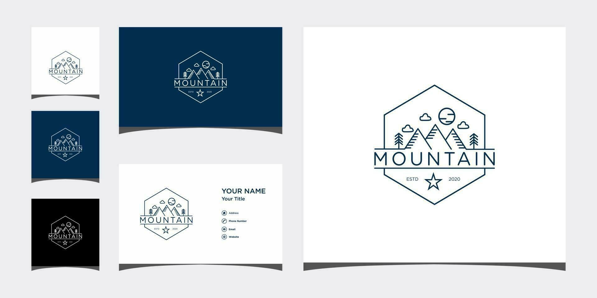 Plantillas de logotipo de línea de montaña y diseño de tarjetas de visita vector premium