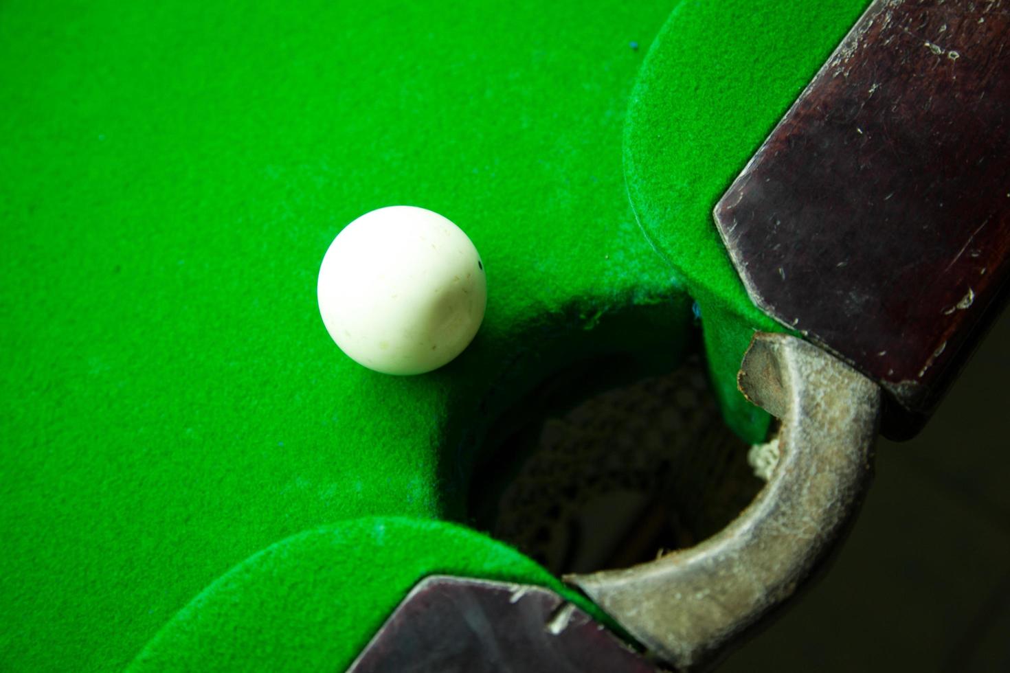 Snooker ball on the edge of the hole photo